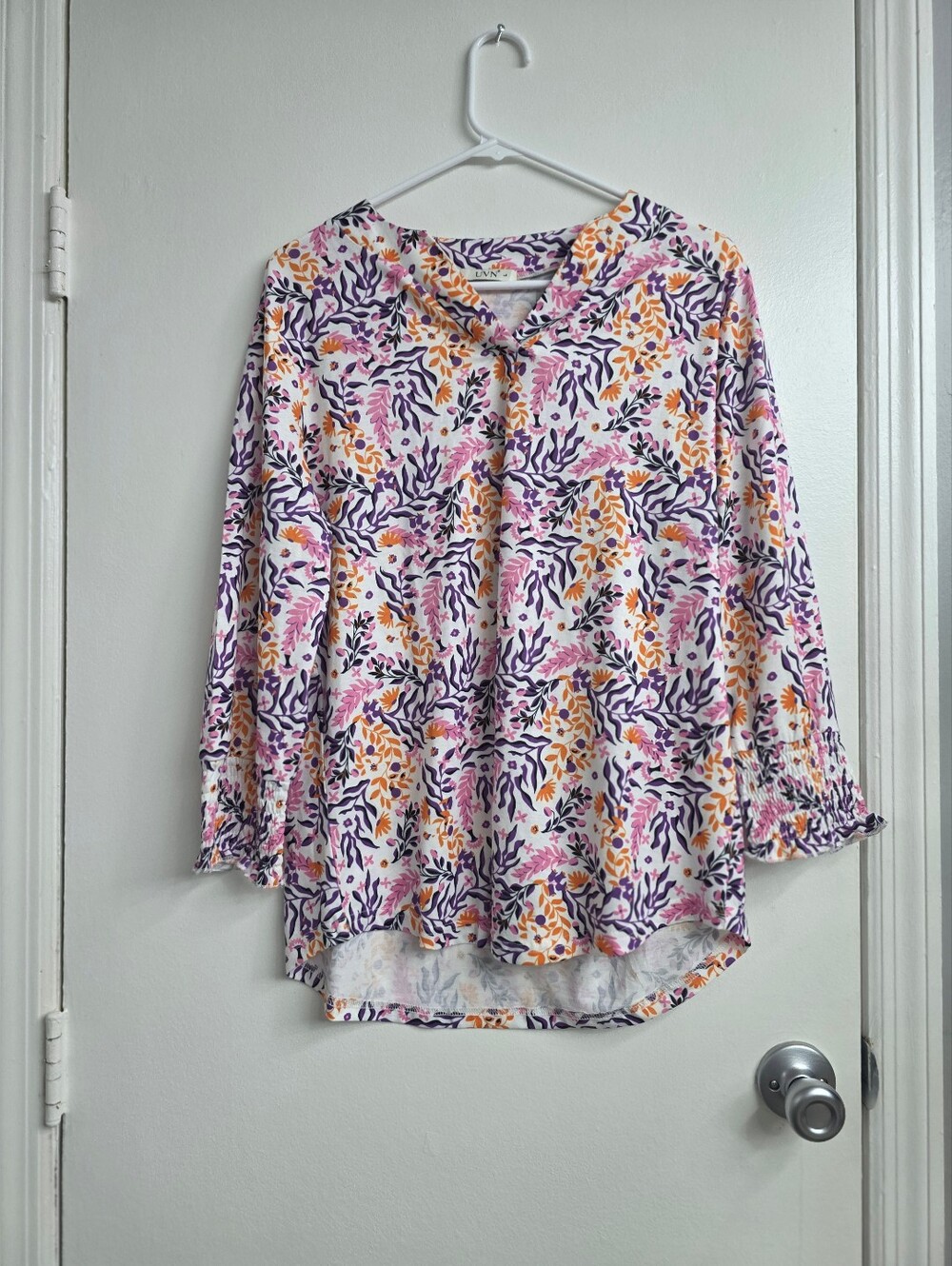 Floral V-Neck Blouse in Pink, Purple & Yellow